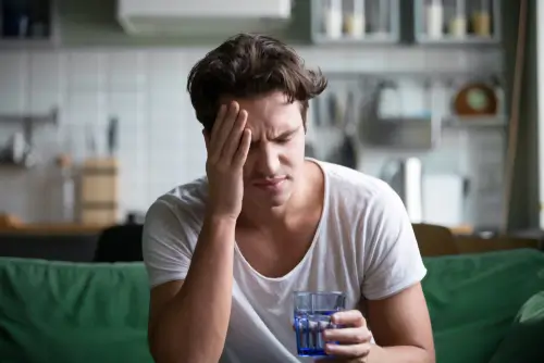 man experiencing a hangover and holding water